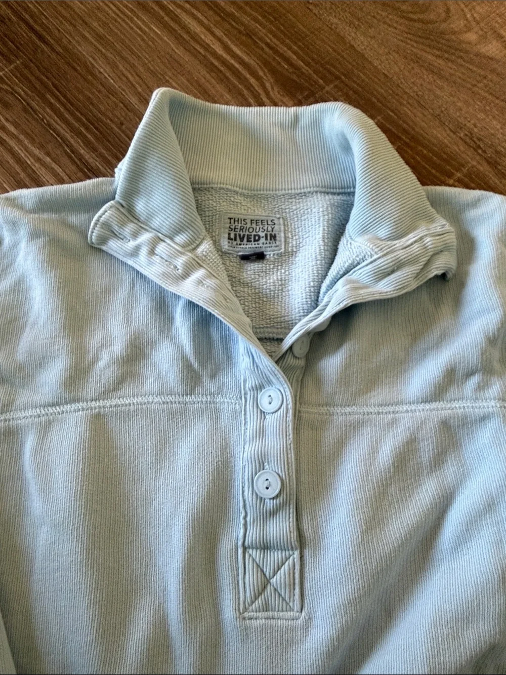 American Eagle Outfitters Light Blue Quarter-Button Cowl Pullover